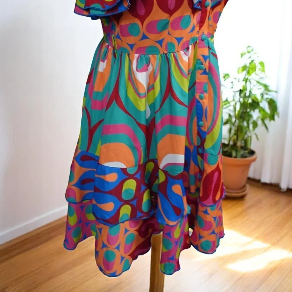 Vintage Psychedelic Ruffle Mini Dress Y2K Festival Rave Coachella S
